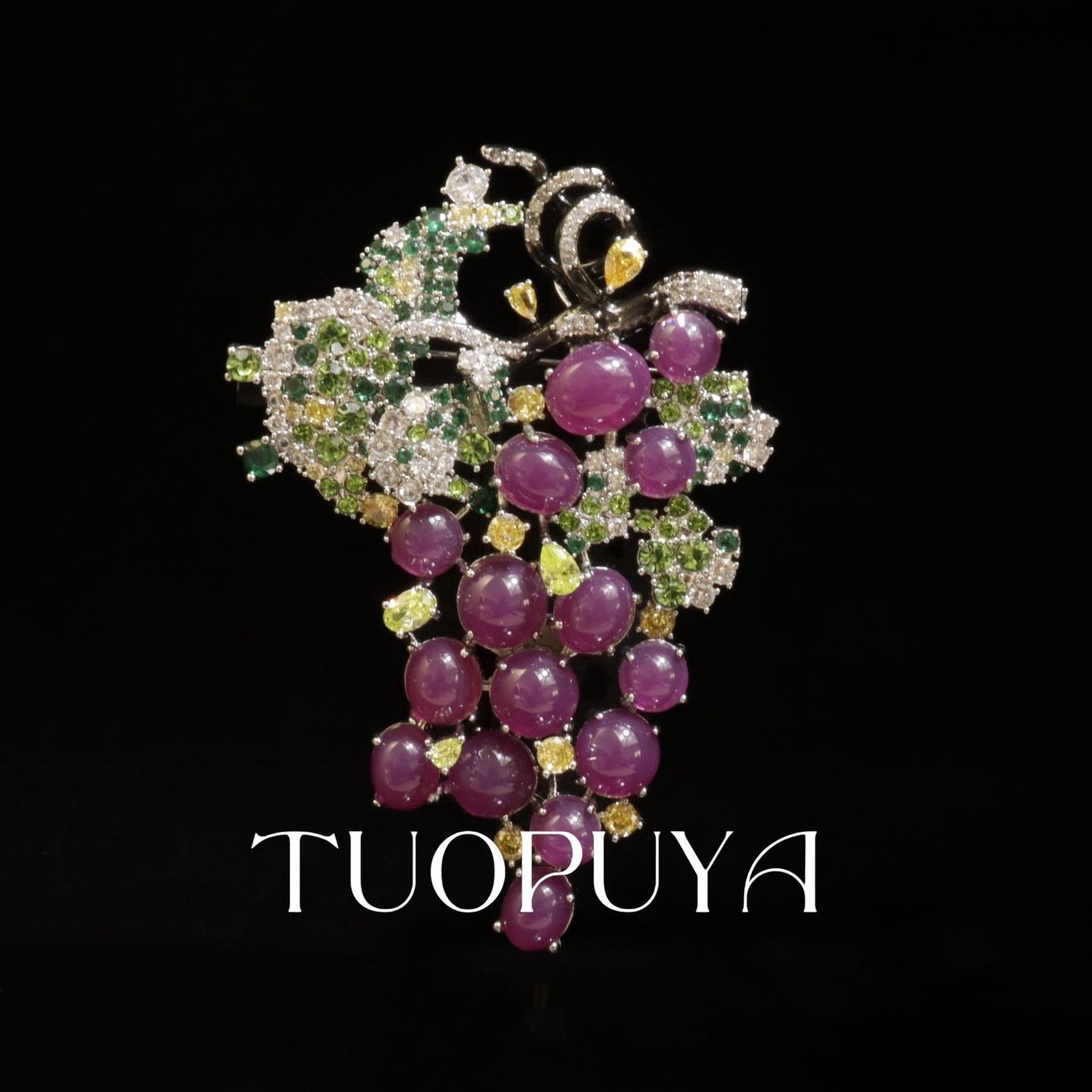 Vintage French Purple Grape Diamond Brooch with Handmade Enamel