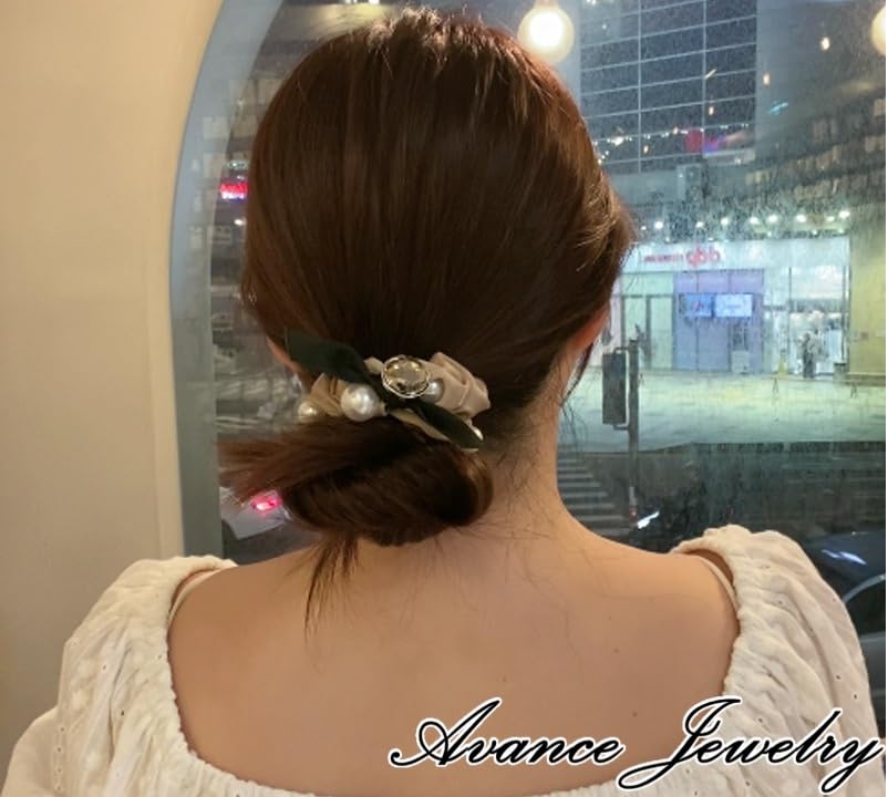 Avance Hair Jeweled Hair Pearl Cute and Adult Khaki Accessories, Ribbon, Tie, Scrunchie, Women's, Black, Beige, (Beige)