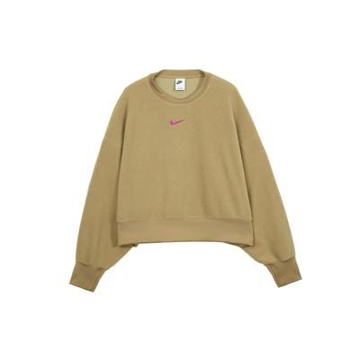 Jednofarebná mikina s potlačou loga, okrúhlym výstrihom a dlhým rukávom pre ženy, farba ťavia, DQ6845-258