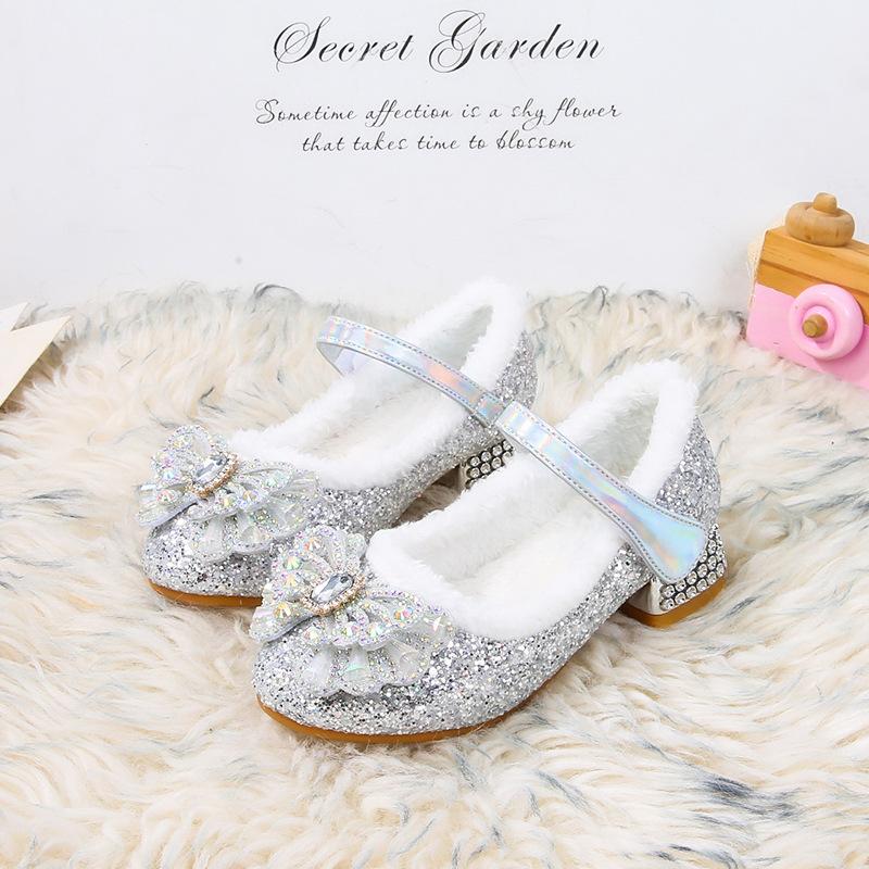 

Fleece children s high heels autumn and winter girls Princess Elsa shoes crystal shoes little girl cotton shoes baby fluffy shoes 36 size/inner length 22cm срібний