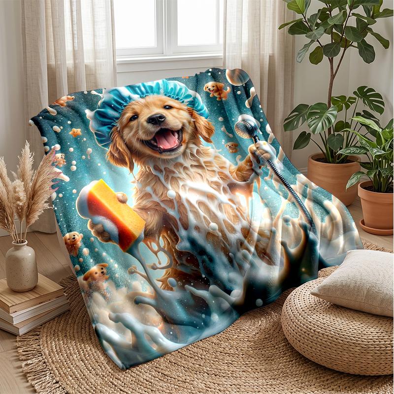

Bathing Dog with Newspaper blanket Personalized Name Flannel Blanket Soft Cozy Plush Throw for Sofa Bed Lightweight Home Decor 75x90cm