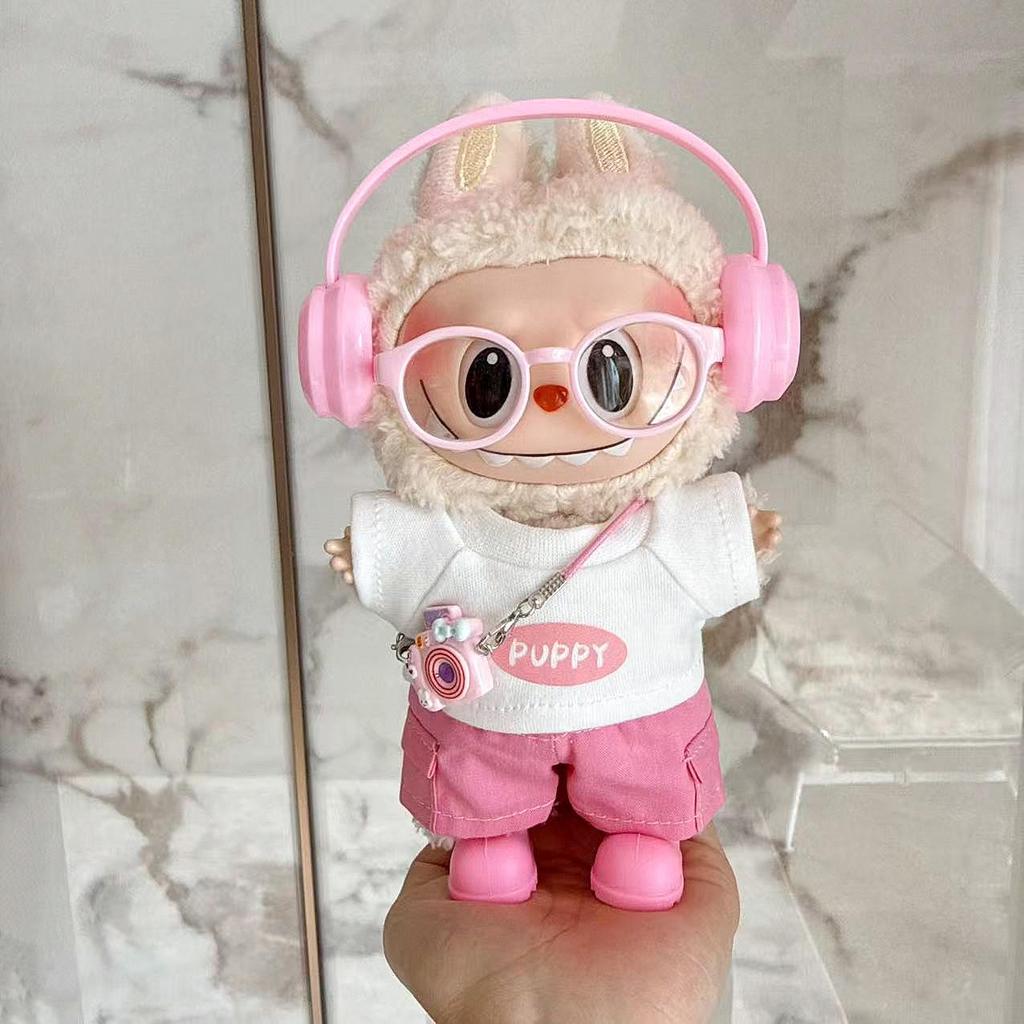 Vestiti per Bambola Labubu di Prima, Seconda, Terza Generazione 17cm con Cuffie, Occhiali, Set Sportivo da Tennis Rosa