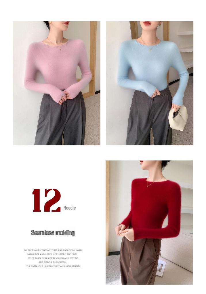 Women's Wool-Cashmere Slim Fit Seamless Sweater, Long Sleeve, Versatile Knit Base Layer with Round Neck and Rolled Hem.