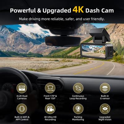E-ACE 4K Dash Cam 3'' Black Box Car Recorder Support 2K Rear Camera  Pedestrian Detection Night Vision Built-in WIFI/GPS Car Dvr