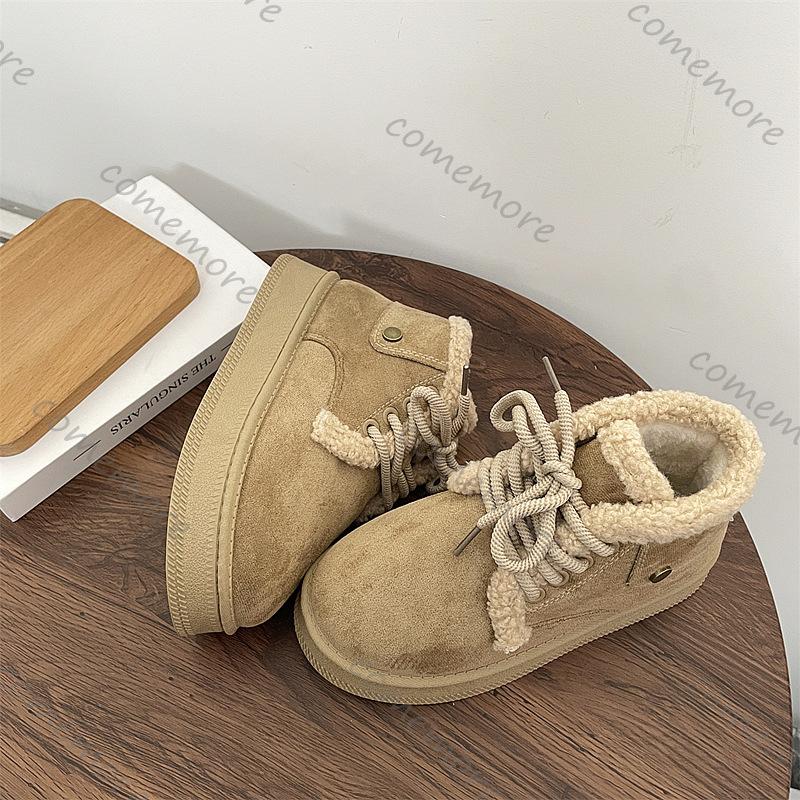 Comemore Bread Snow Boots Women Winter Casual Padded Thickened Shoes for Women Flat Bottom Lace Up Platform Warm Cotton Shoes