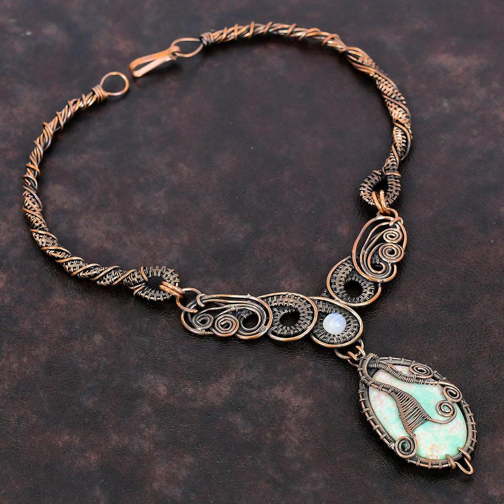 Variscite Necklace Copper Wire Wrapped Gemstone Necklace Moonstone Necklace Copper Jewelry Handmade Necklace Wire Wrap Jewelry Gift For Wife