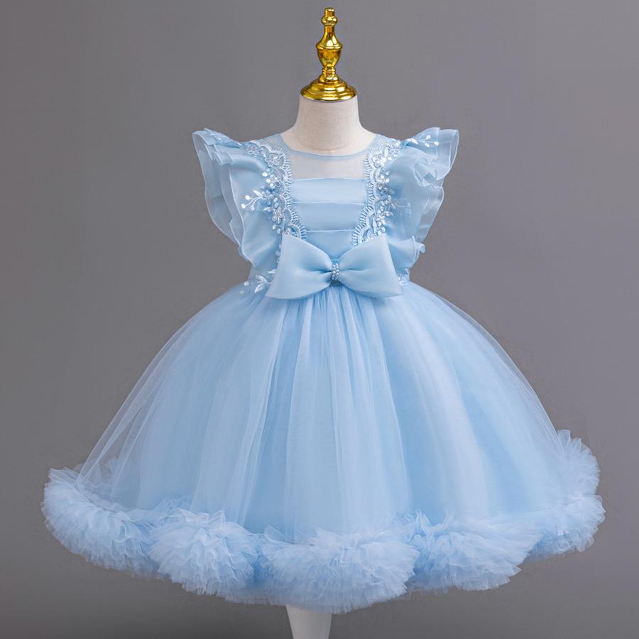 New Kids Net Lace Princess Dress with Frills, Large Size Girls' Birthday Outfit