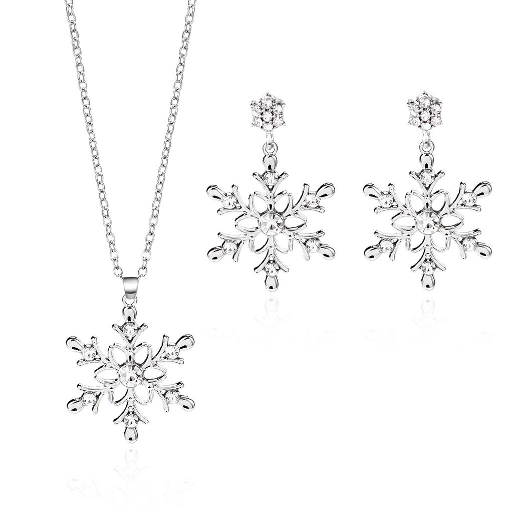 Christmas Full Rhinestone Snowflake Stud Earrings for Women Girls Exquisite Pendant Necklace Fashion Wedding Party Jewelry Set