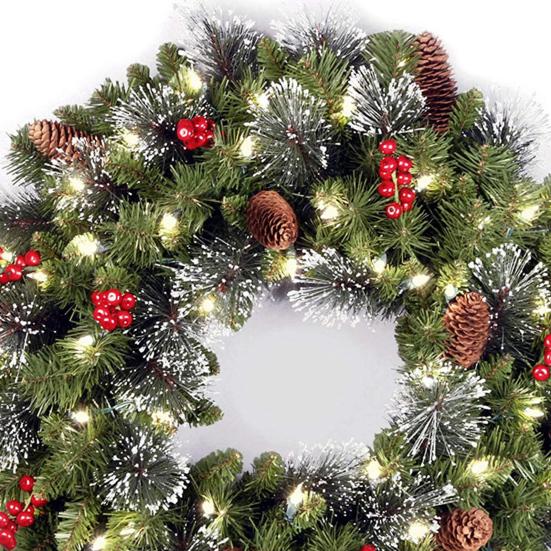 Julekrans med Lys Frostet Kunstig Krans med Bær og Kongler for Ytterdør Vindu Vegg Innendørs Utendørs Høytidsdekorasjon