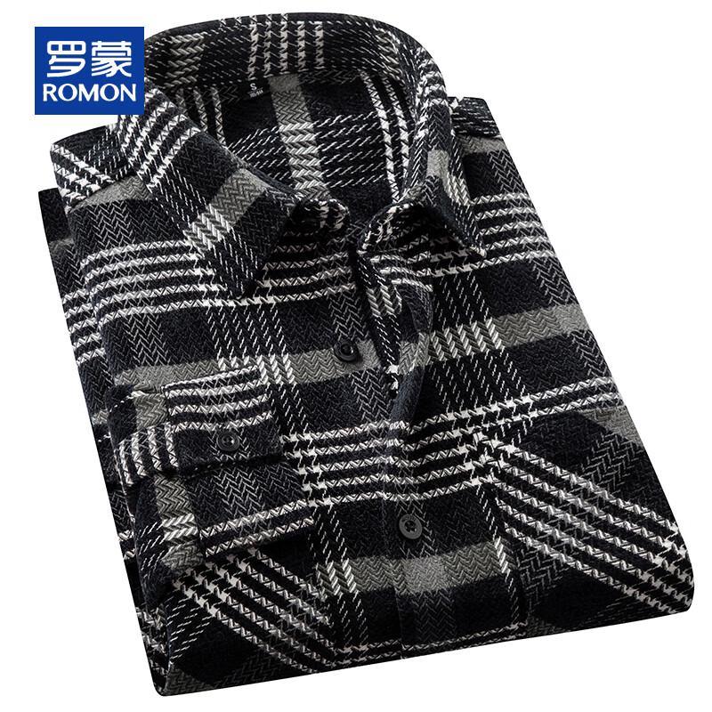 ROMON Men's Autumn/Winter Plaid Long Sleeve Casual Shirt with Pockets