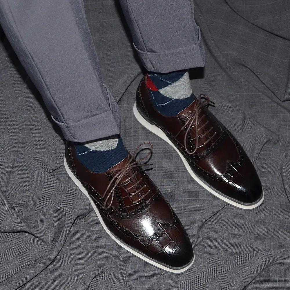 Fashion British Style Men's Flat Sneakers Genuine Cow Leather Wingtip Toe Brogue Oxfords Alligator Print Casual Dress Shoes Male