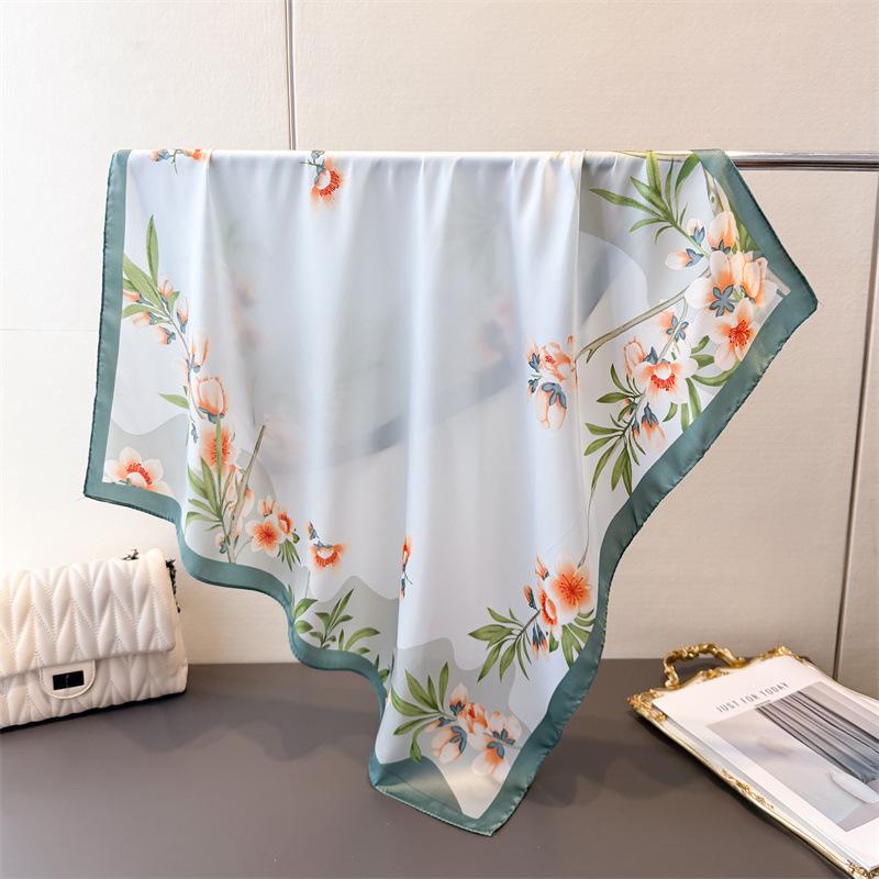 Luxury Pink Flower Print Silk Women's Scarf 70cm Square Scarves Designer Bandana Small Hijab Wrap Hairbands Foulard Shawl