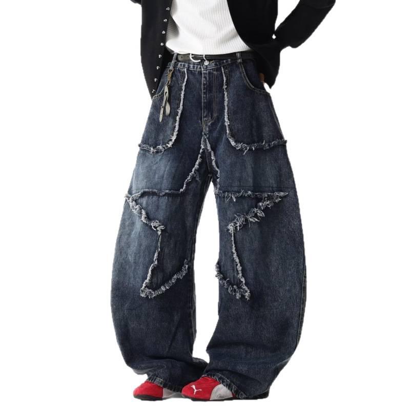 Unisex Retro Star Design Frayed Edge Wide Leg Jeans