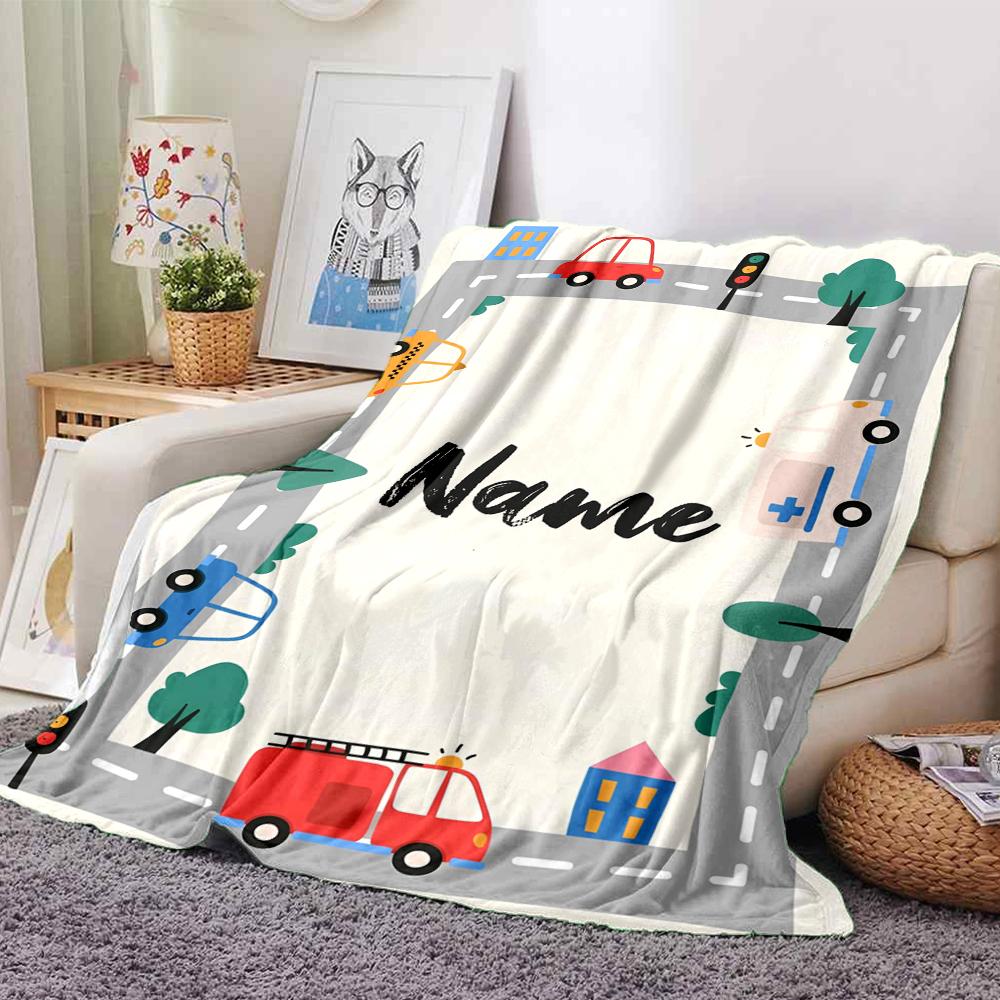 Custom Name Cute Cars Theme Printed Blanket - Perfect for Couch, Bed, Travel & Outdoor Use | Machine Washable, Cozy & Durable.