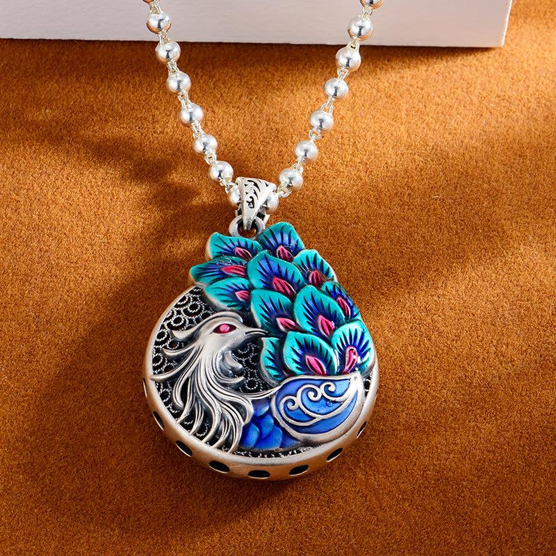 Peacock Retro dobbeltsidig emalje anheng anheng kvinnelig lang kjede anheng