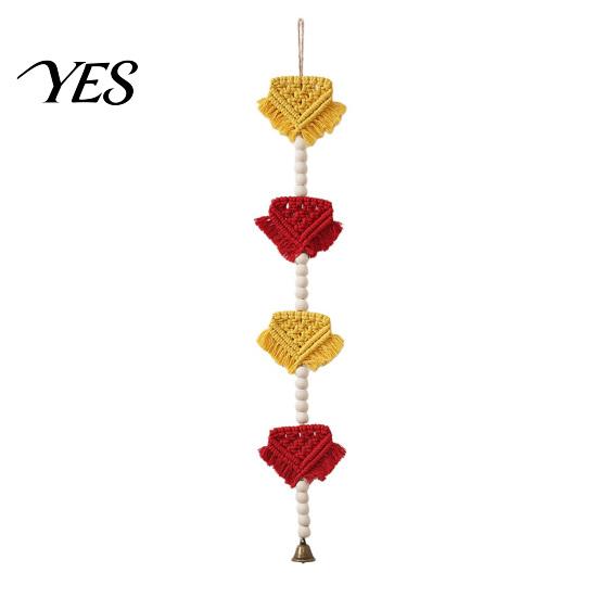Bohemian Wall Art Braided Triangles Tapestry with Bell, Hanging Geometric Tapestry, Knotted Rope Hand-woven Pennant Wooden Beads for Home Nursery 75cm