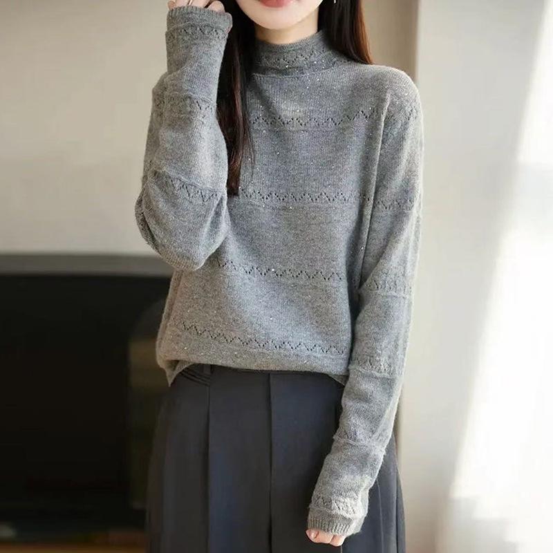 Women's Rhinestone Hollow Crochet Half-High Collar Sweater - Autumn/Winter Knitwear Top