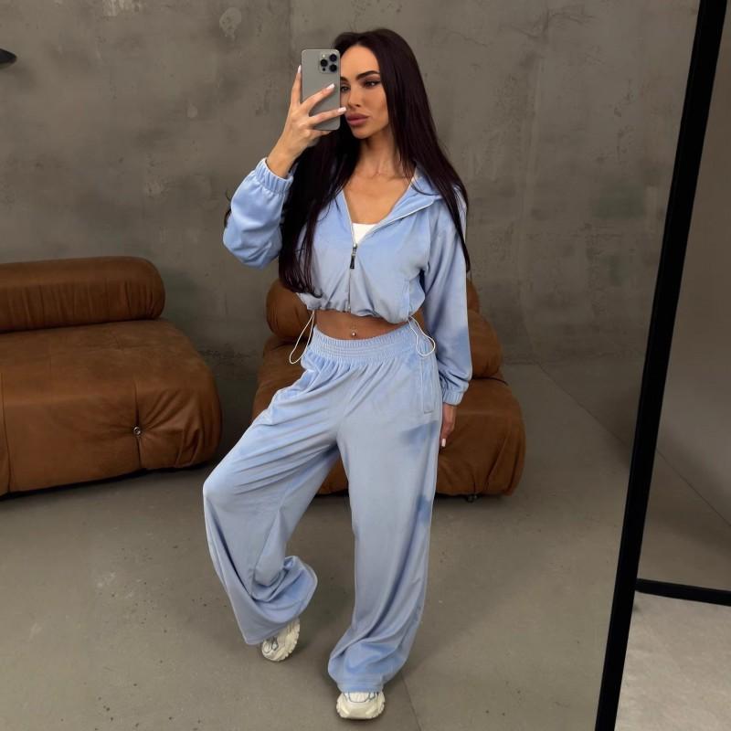 Womens Casual 2-Piece Set Long Sleeve Zip-Up Cropped Cardigan Elastic Waist Wide Leg Pants