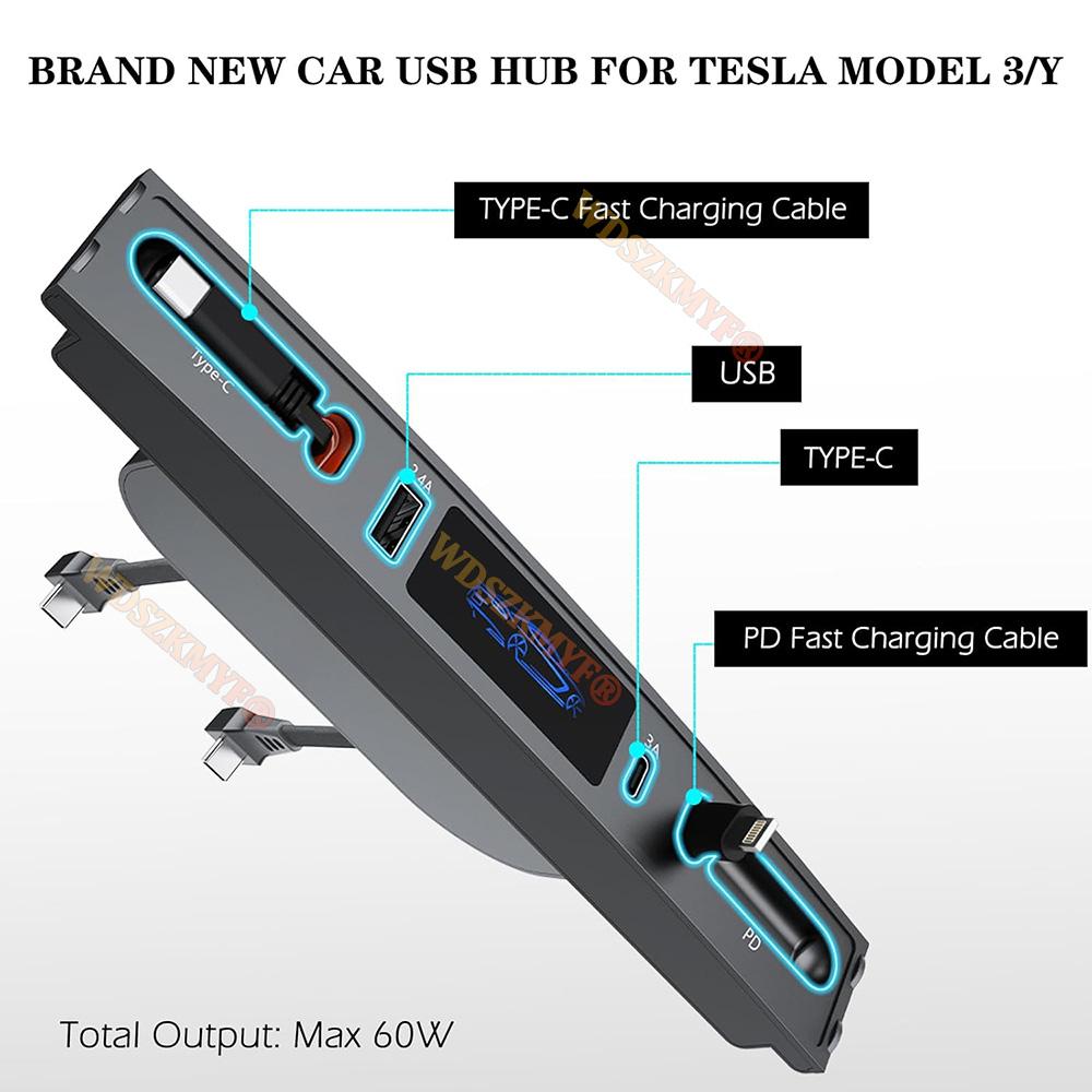 4in1 Center Console USB Hub Compatible for Tesla Model 3 Model Y Accessories 2025-2025 Fast Charge with Retractable Cable