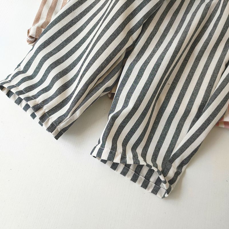 Children's Cotton and Linen Striped Cropped Pants Summer Girls' Loose Striped Pants Casual Lace Up