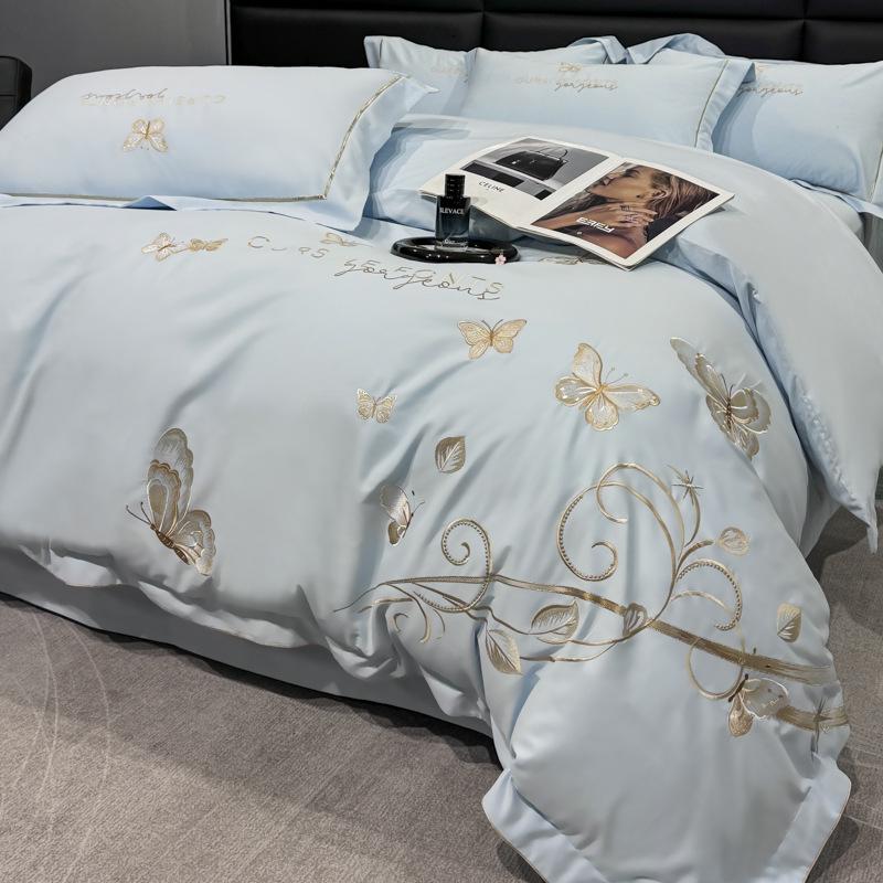 Luxurious Winter Cotton Flannel Embroidered Bedding Set: Thick Four-Piece Duvet & Sheet
