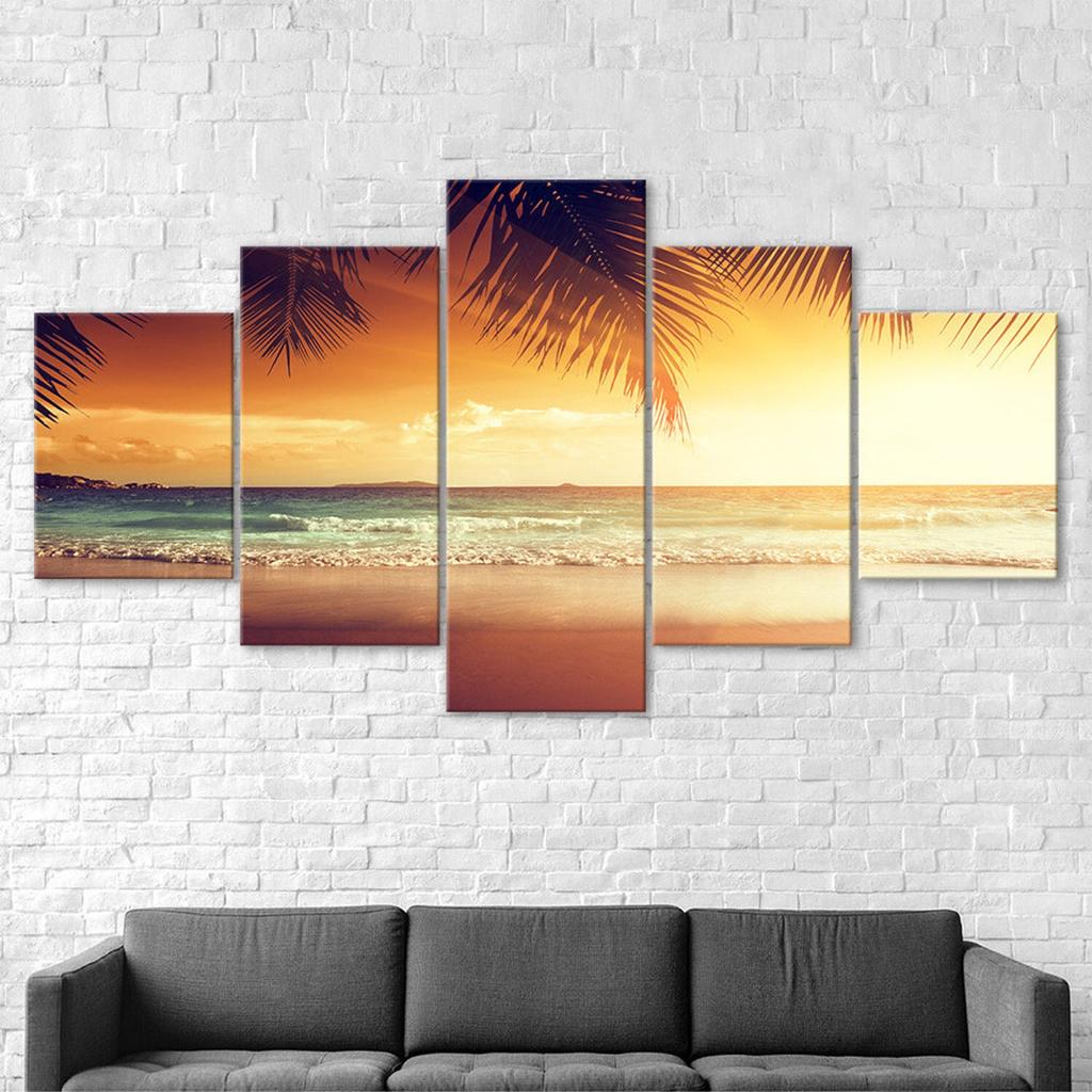 Tropical Beach Palm Tree Sunset Seascape 5 Piece Five Panel Wall Canvas Print Modern Art Poster Picture Home Decor Gift For Him For Her