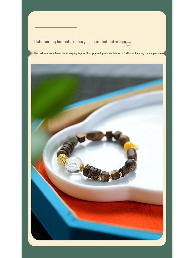 Yingge Qi Nan Agarwood Bracelet with Amber and 925 Silver Spacer (No Artificial Oil Injection)
