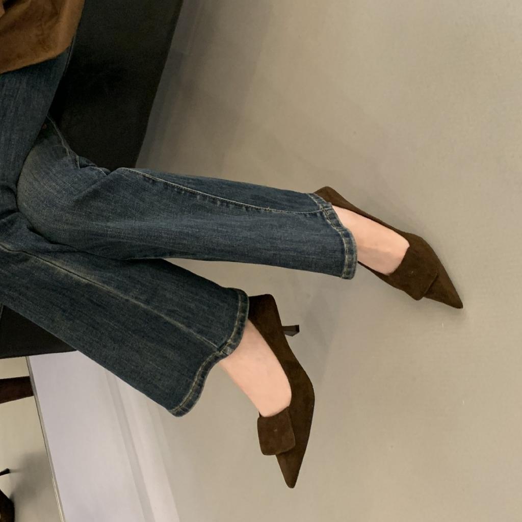 2025 Autumn Fashion Suede Light Mouth Thin High Heel Light Mouth Thin Niche Commuter Work Professional Women's Single Shoes