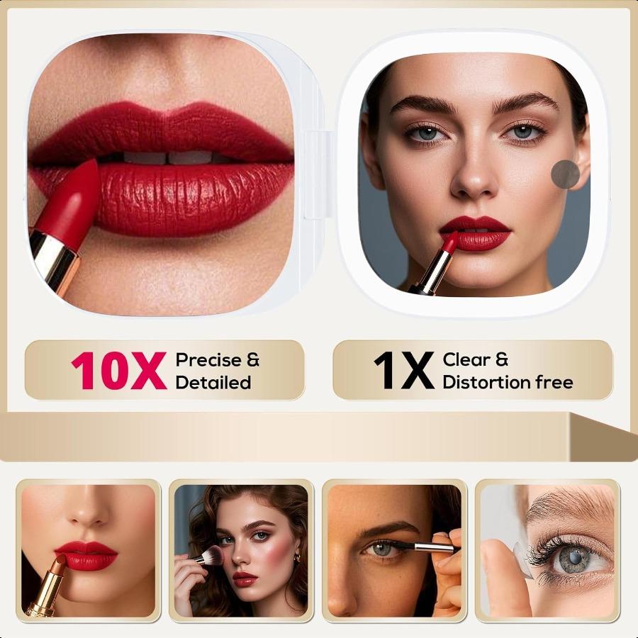 Adjustable Brightn Compact Mirror Lighted Travel Mirror with 1X 10X Magnifying Double Sided Mini Dimmable Portable for Handbag