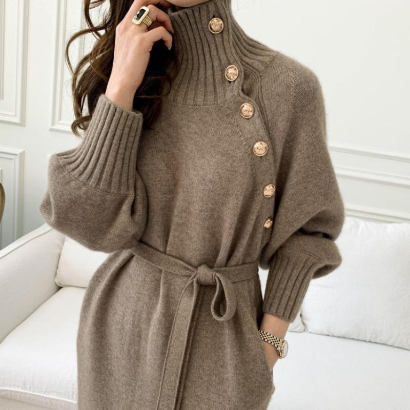 Autumn and winter clothing retro sweater skirt women's loose and thin high neck over the knee two wear lace-up waist knitted dress