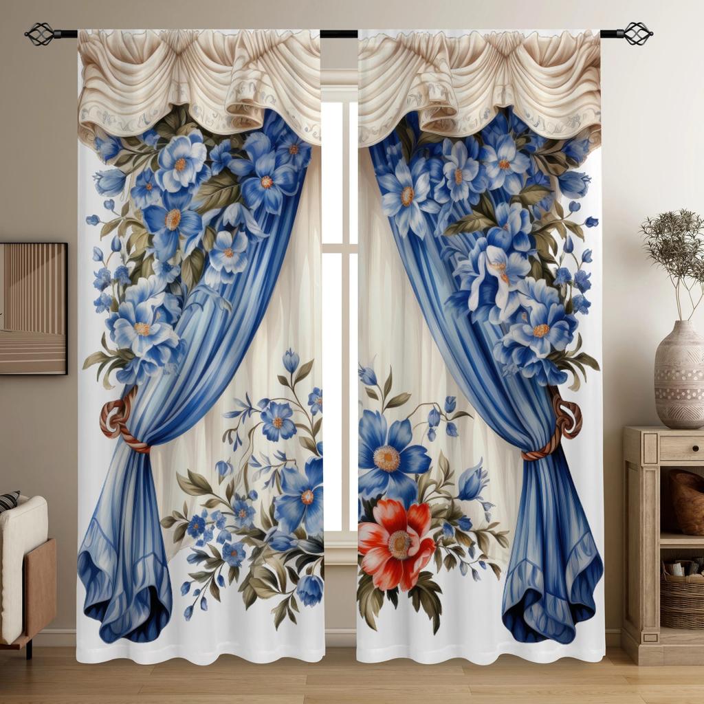 2pcs Potted Flowers Ancient Door Retro Curtain Printed Modern Style Rod Pocket Curtain For Living Room Office Home Decoration