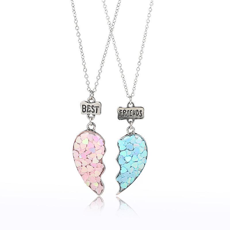 2 Pcs/Set Colorful Sequin Heart-Shaped Necklace Best Friend Pendant Creative Alloy Friendship Necklace Best Friend Necklace