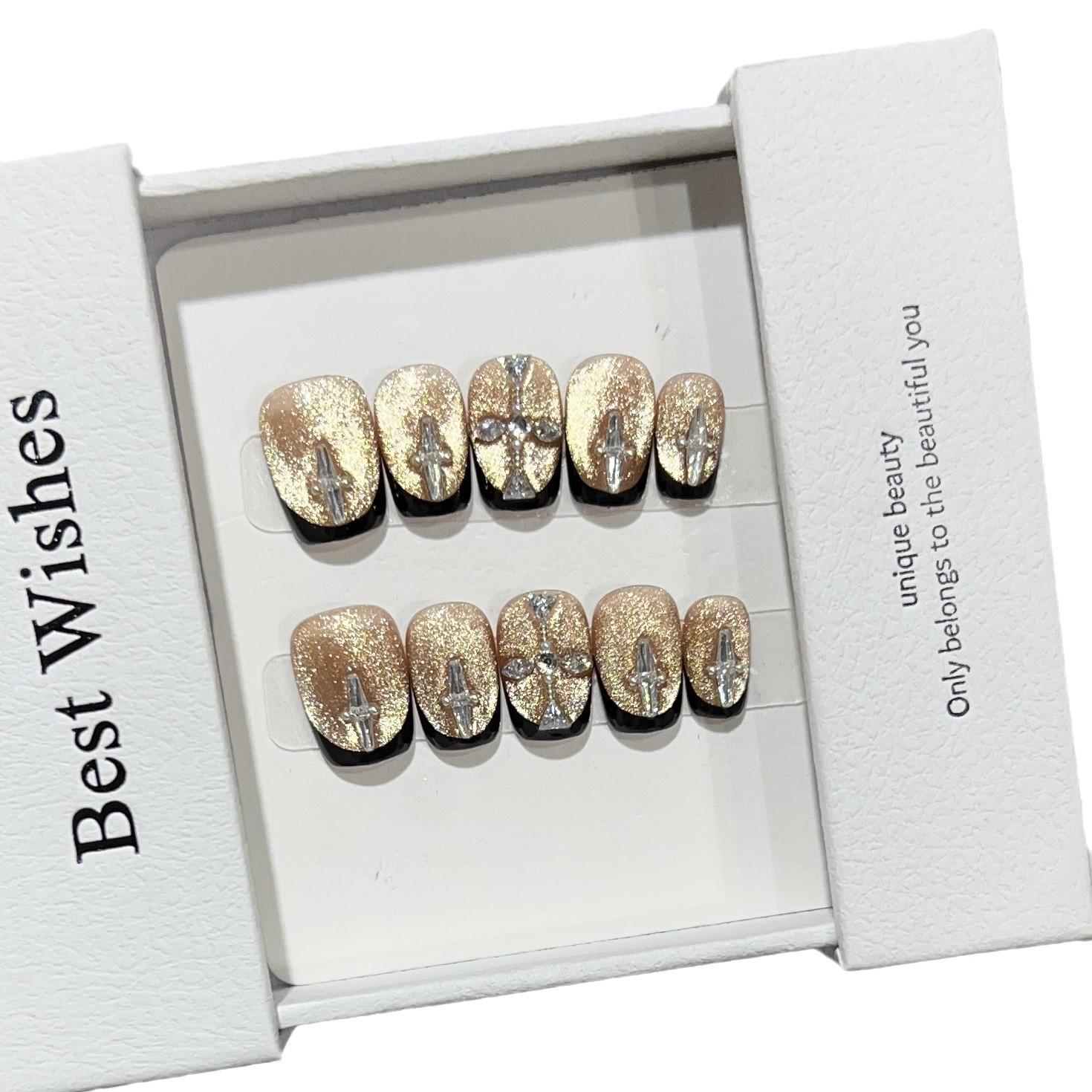 

Ежедневные короткие накладные ногти ручной работы, накладные ногти, дизайн ногтей «кошачий глаз», вспышка циркона, ногтевая пластина Large L