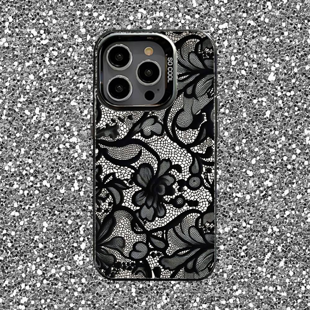Lace Print Pattern Phone Case For iPhone 16,15,14,13,12,11,Pro,XS,Max,Plus,Mini,SE Black Candy Matte Shockproof Cover