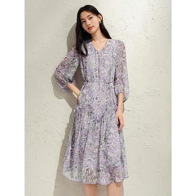 Jiu Zi Annakou Französisches Romantisches Blumen V-Ausschnitt Chiffon Taillenkleid