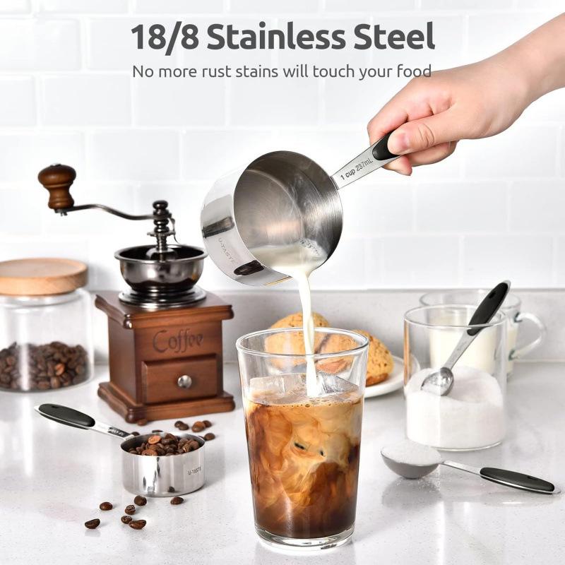 10-Piece Stainless Steel Measuring Cups and Spoons Set for Coffee, Seasoning, and Baking.