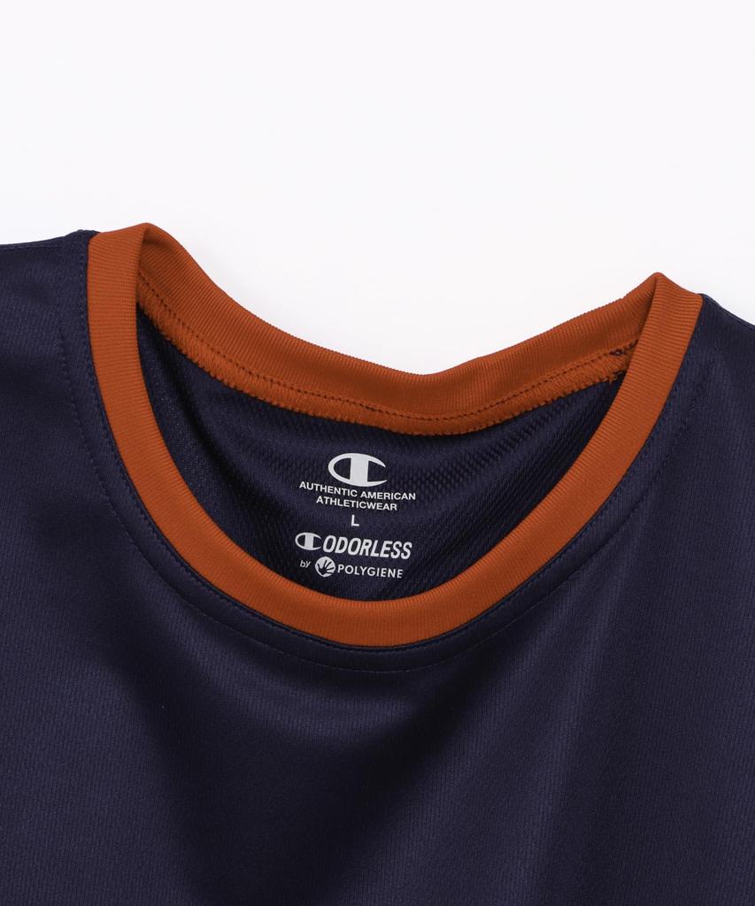 Champion DRYSAVER Short Sleeve with a Round Breathable Rubber and Script Logo Men's T-Shirt, Navy, C3-BB355, Neck, Design, Antibacterial, Print,