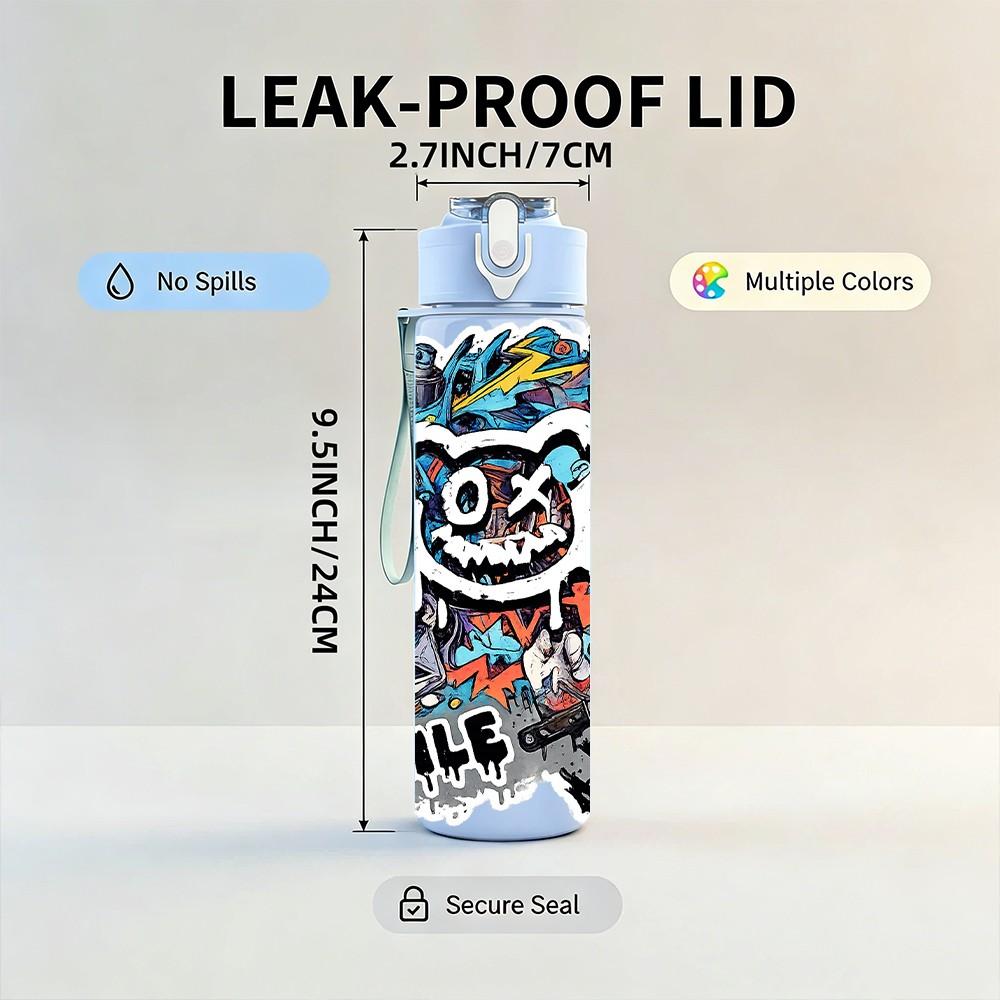 1PC Graffiti Bear Smile Face Art Print 750ml Color Plastic Sports Water Bottle Leakproof Flip Straw Lid Suitable for Sports Office Home Use