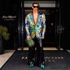 Mens Fashion Gold Leaves Pattern Blue Green Shiny Sequin  Suit Jacket Blazer