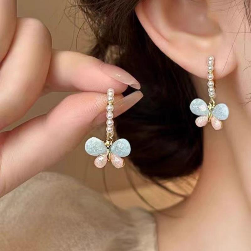 Light Luxury High-end Silver Butterfly Pearl Earrings Women's Retro Temperament Ins Style Earrings Niche Versatile Ear Jewelry