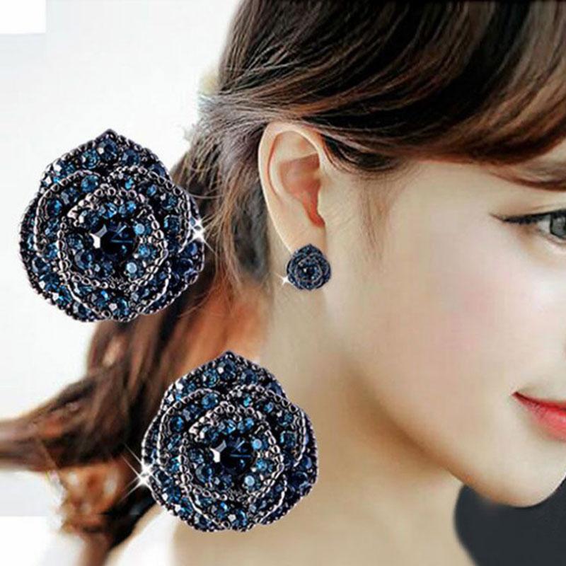 Luxurious Blue Rhinestone Rose Flower Vintage Earrings Women Red Camellia Ear Stud Earring Chic Jewelry