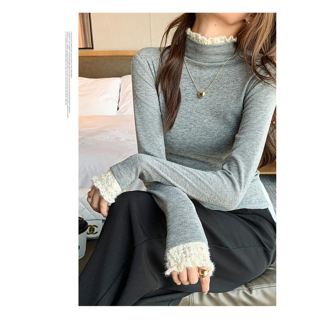 Lace Patchwork Half High Neck Base Sweater for Women, Autumn and Winter Thread Slim Fit Sweater, Lace Knit Sweater, Inner Top