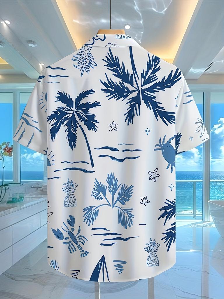 Men's Hawaiian Style Shirt with Coconut Tree and Beach Print, Casual Outdoor Short Sleeve Button- Shirt for Vacation and Outings