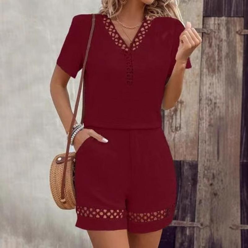 2026 Summer New Women's V-Neck Patchwork Short Sleeve Solid Color Shorts Casual Set
