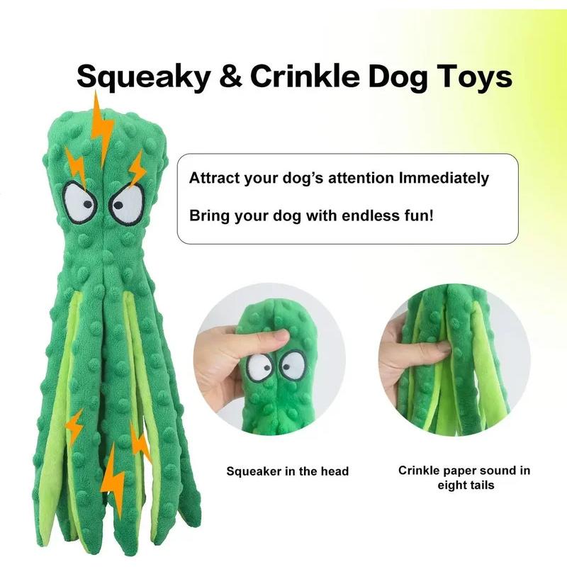 Soft Plush Octopus Dog Toy with Squeaker Non Stuffed Puppy Chew Toys for Teething Small Medium Dogs Interactive