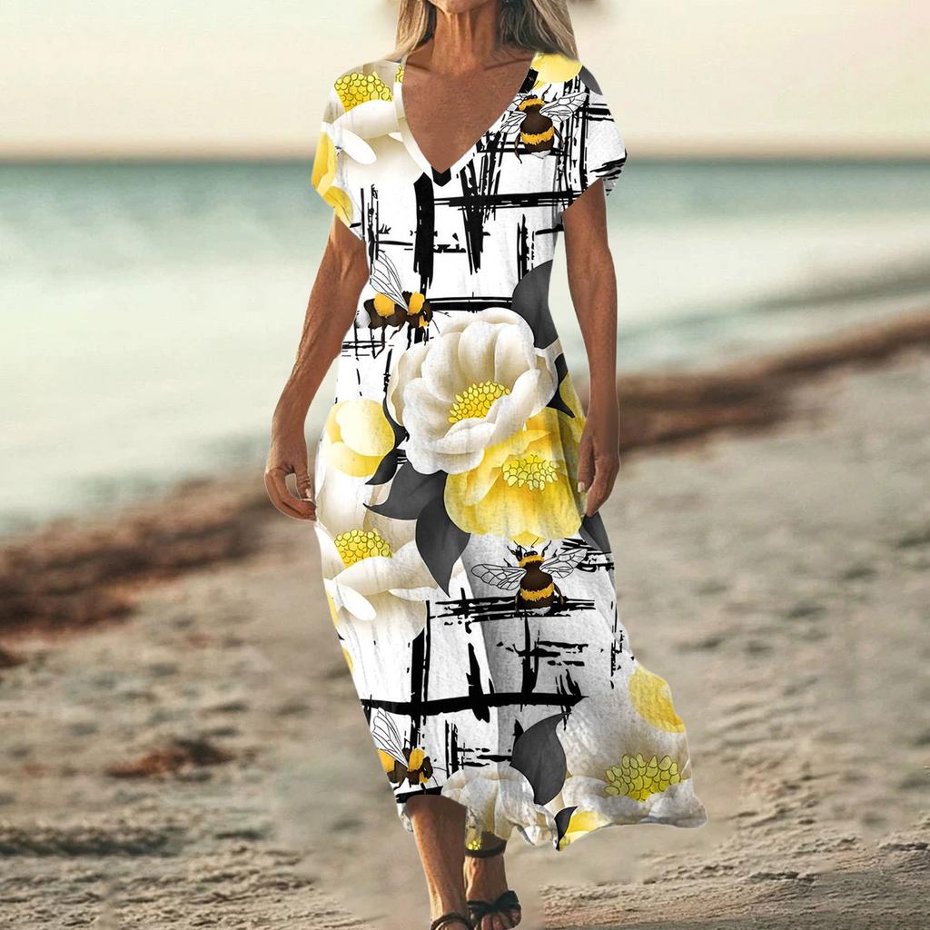 Fashion Women's Summer V-neck Short Sleeve Cotton And Linen Vintage Floral Print Beach Dress