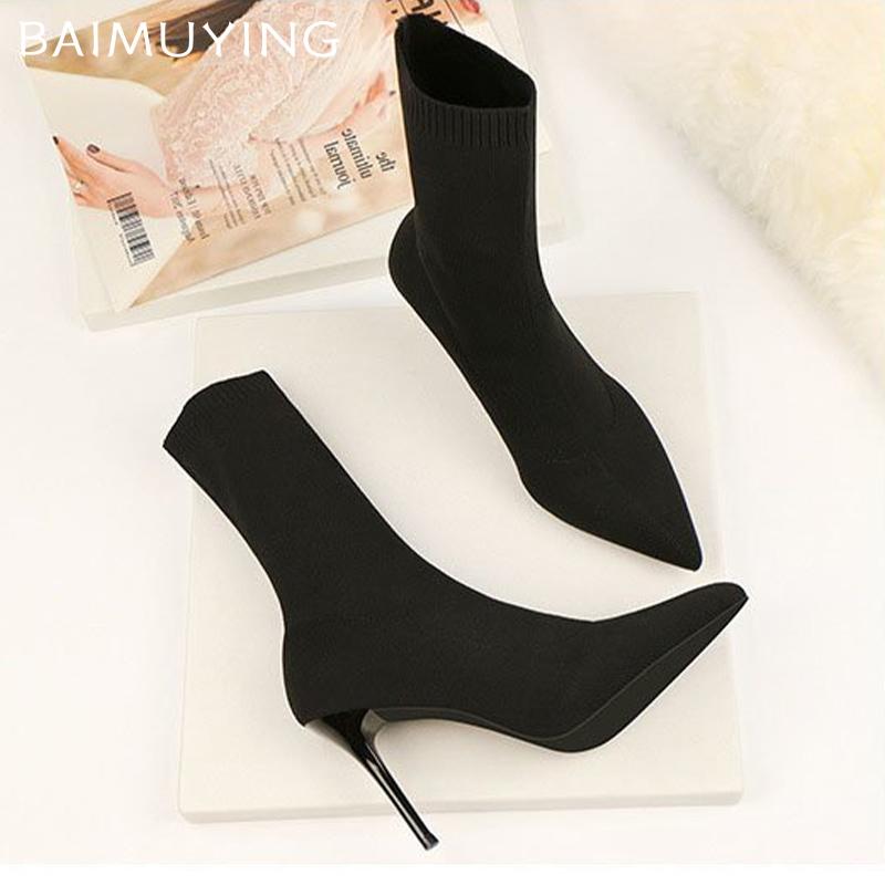 Knitting Women Ankle Boots Pointed Toe Fashion Sexy High Heels Shoes 2024 Trend Winter Pumps Sock Boots Elegant Botas De Mujer