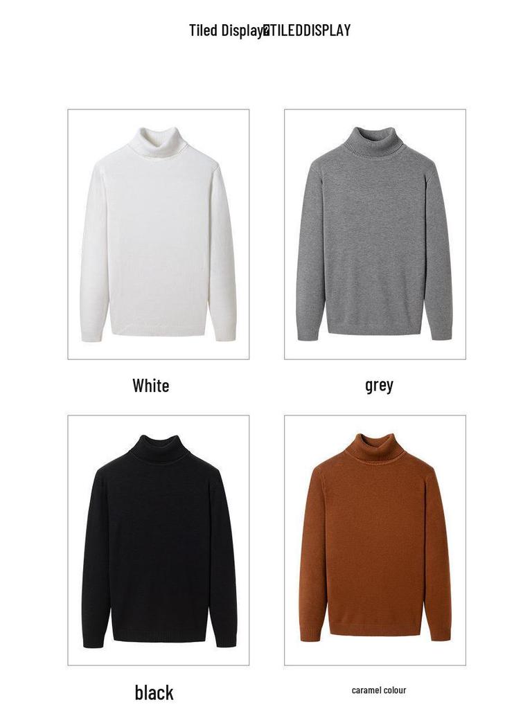 Men's Ribbed Wool High-Neck Sweater with Fleece, Warm Knitted Long Collar for Autumn and Winter
