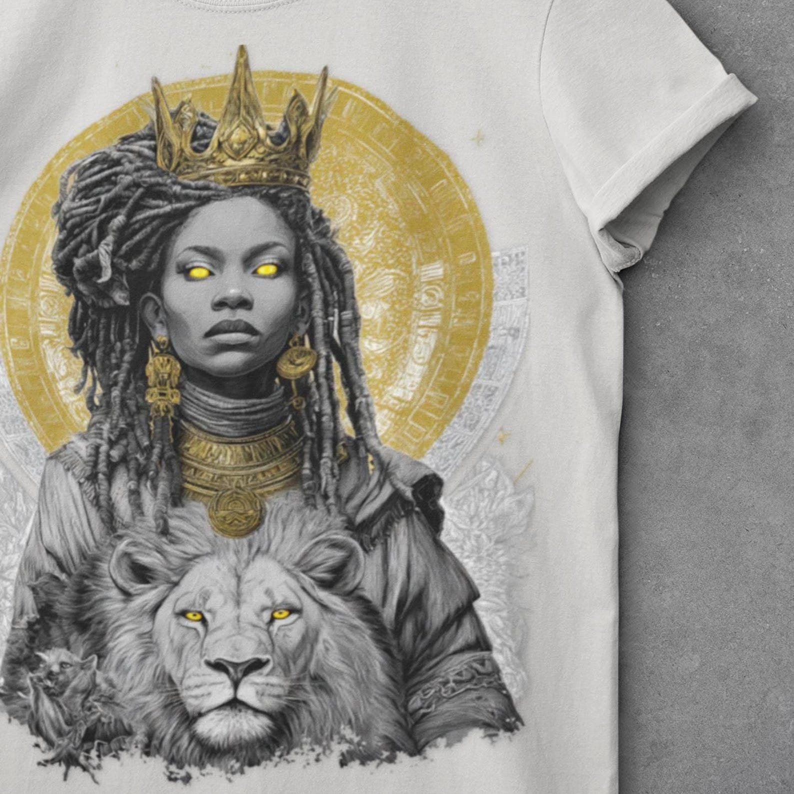 African Female Queen Shirt | Melanin Goddess Graphic Tee | Afro Royalty Art T-Shirt | Gold Crown Lion Power | XS to 5XL S