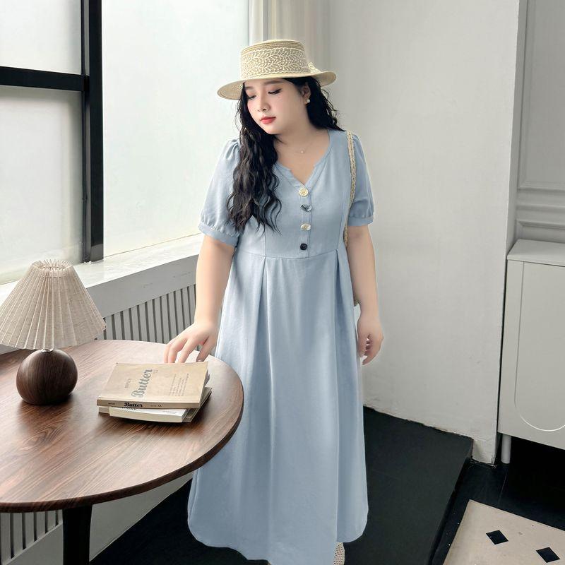 

Limited Edition Plus Size Women s Clothing [French Style Temperament Dress] Texture Sense V Neck Puff Short Sleeve High Waist Slimming Dress Light Blue 5XL([Recommended 87.50 kg-97.50 kg]])